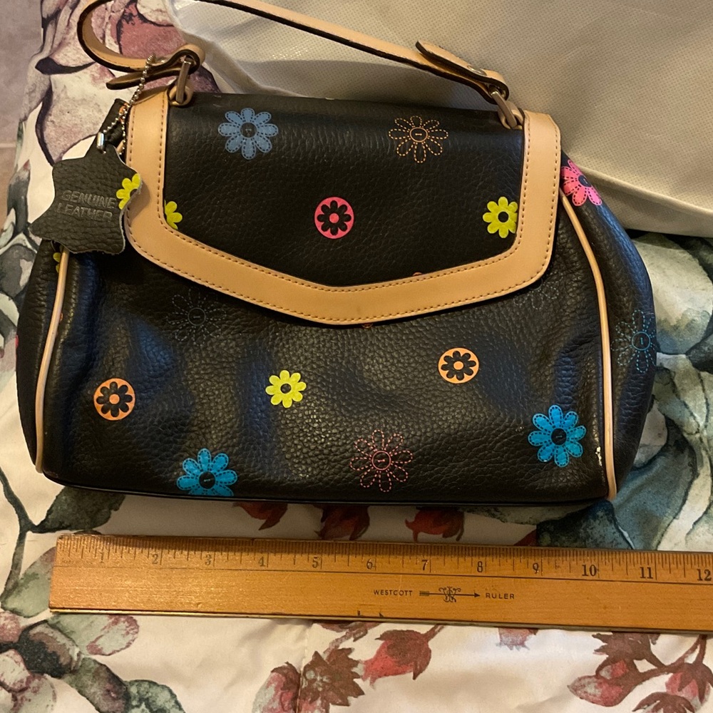 Valerie Stevens Black Leather Bag with Colorful Floral Design